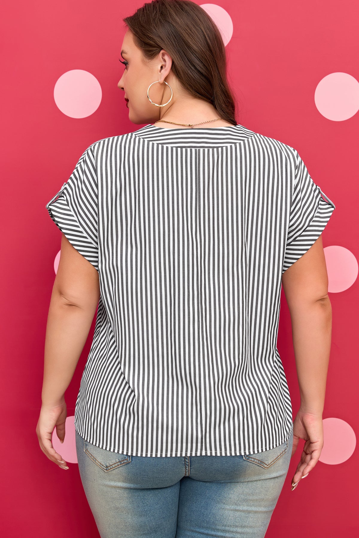 Black Stripe Plus Size V-Neck Roll-tab Short Dolman Sleeve Blouse