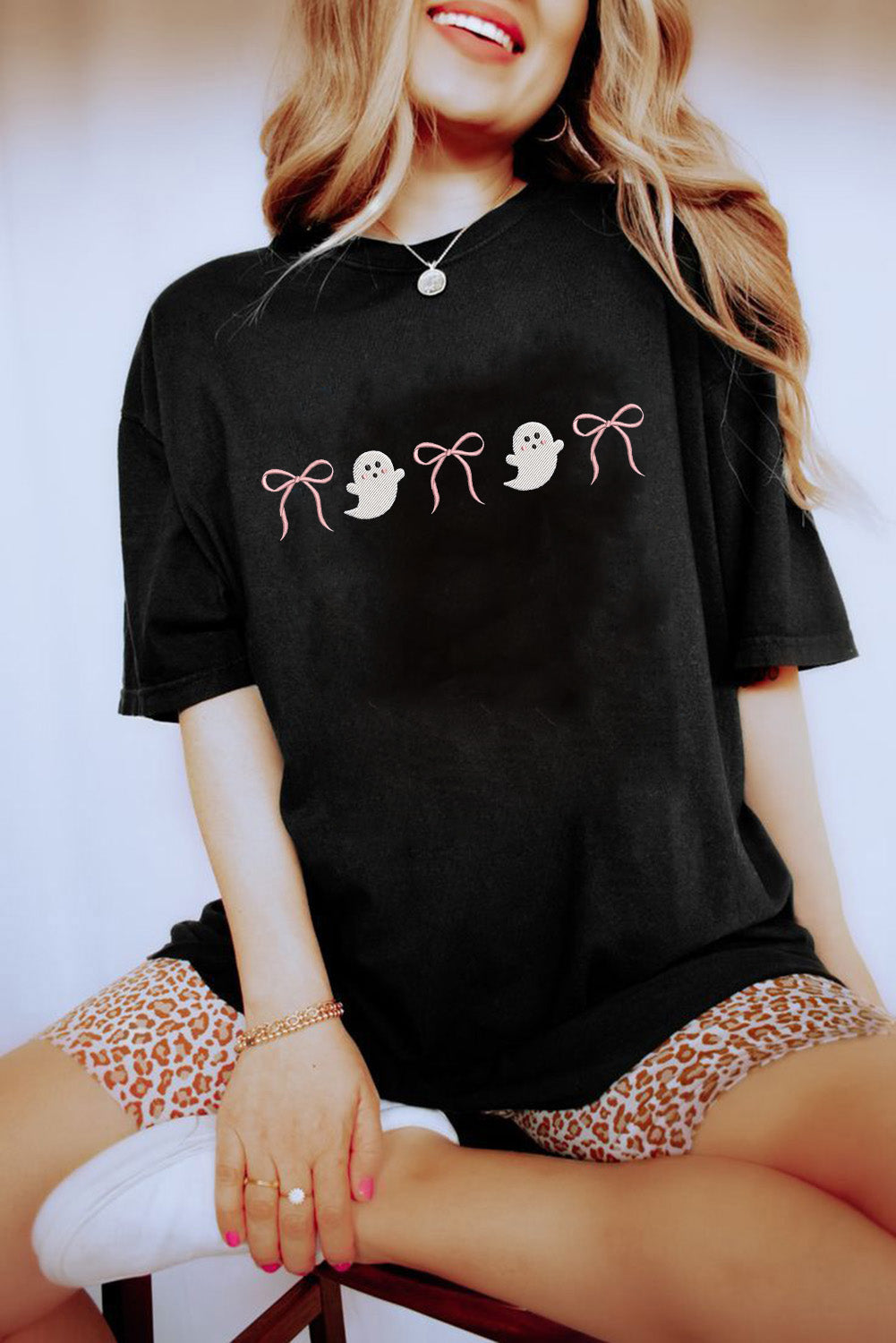 Black Halloween Ghost Bow Embroidered Loose T-Shirt