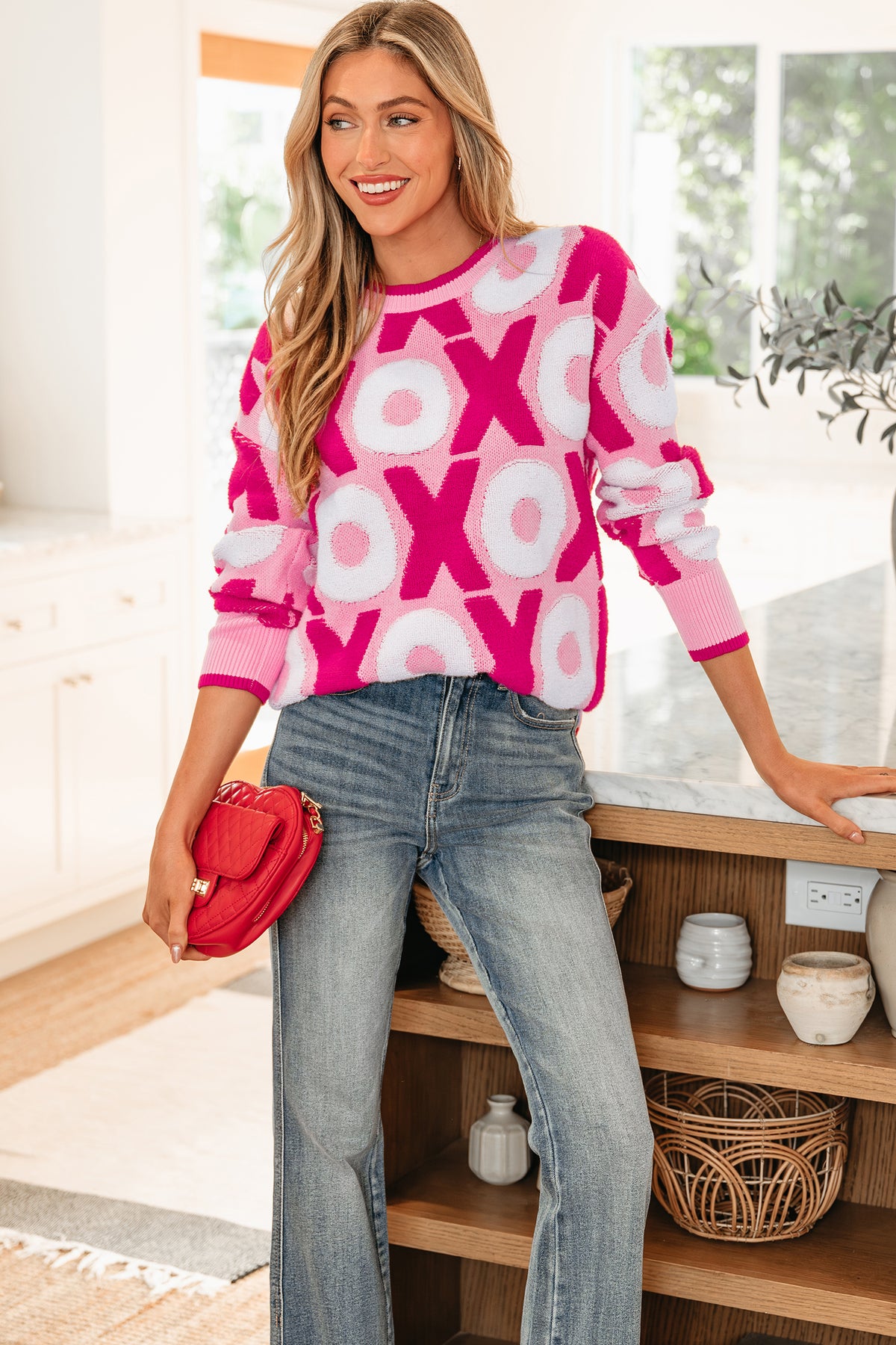 Pink XOXO Pattern Drop Shoulder Crewneck Valentines Sweater