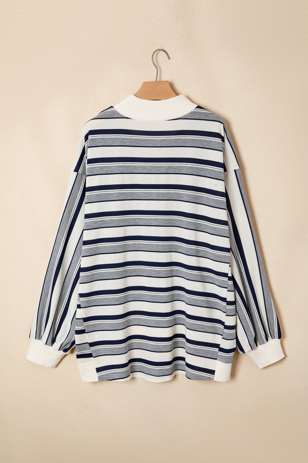 Blue Stripe Striped Ribbed Stand Neck Shift Sweatshirt