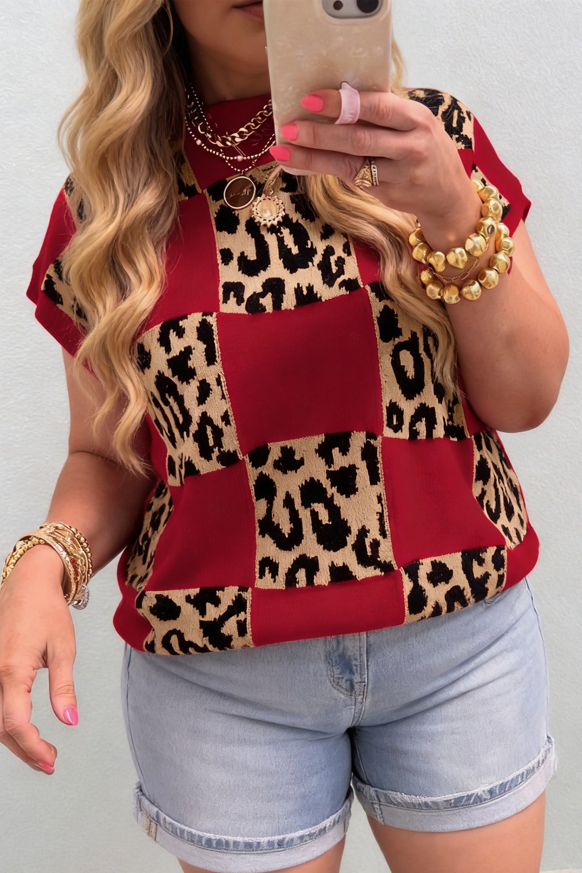 Red Plus Size Leopard Contrasted Checkered Short-Sleeve Sweater