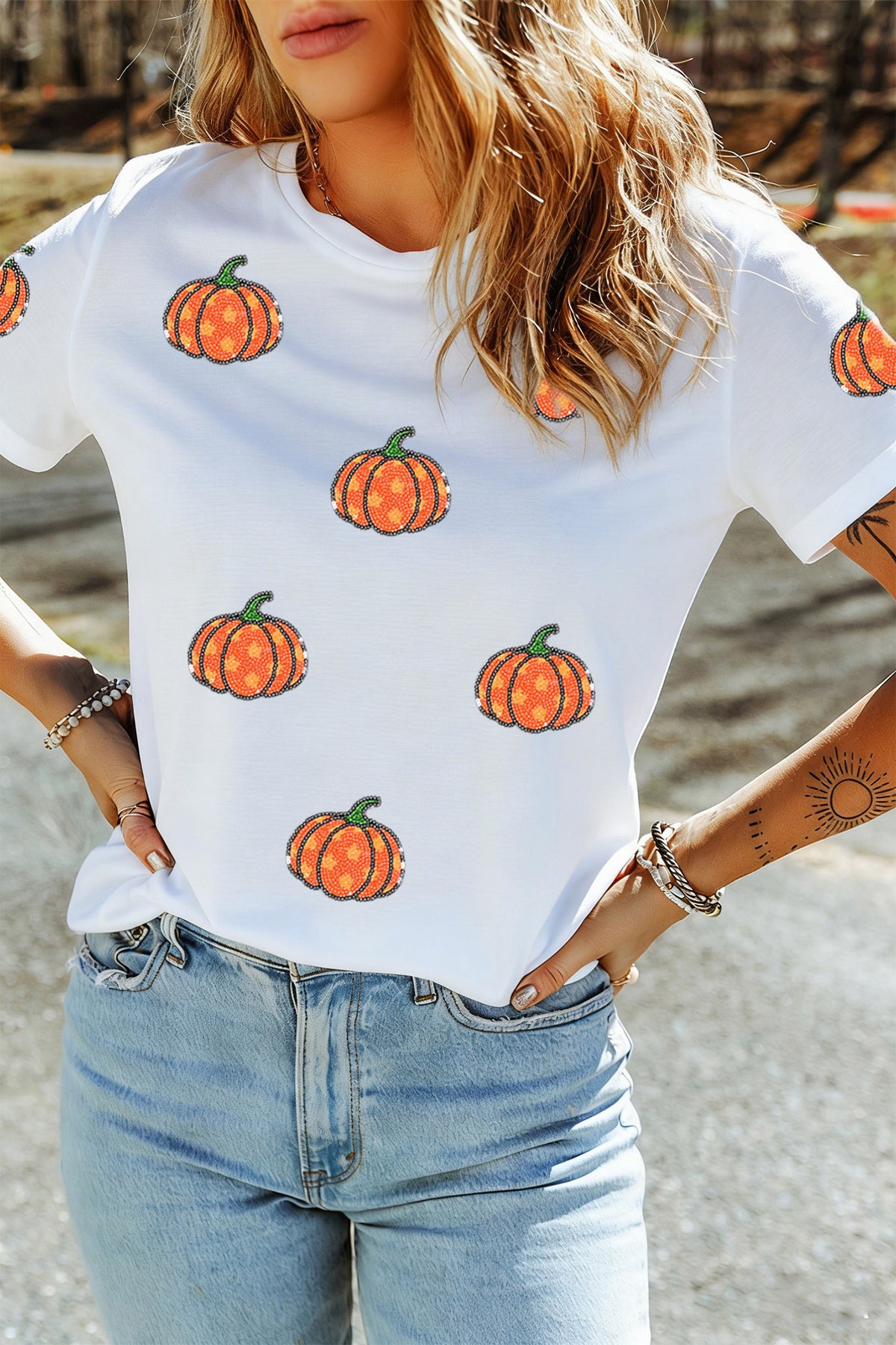 White Sequined Star Pumpkin Graphic Casual Round Neck T-Shirt
