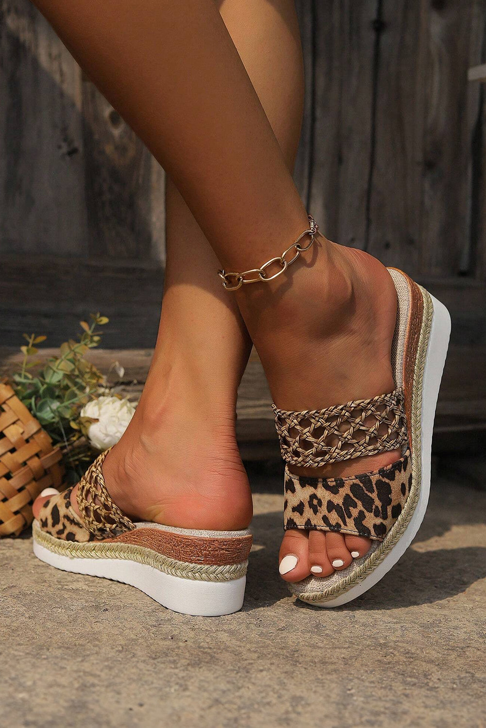 Chestnut Leopard Braided Wedge Sandals