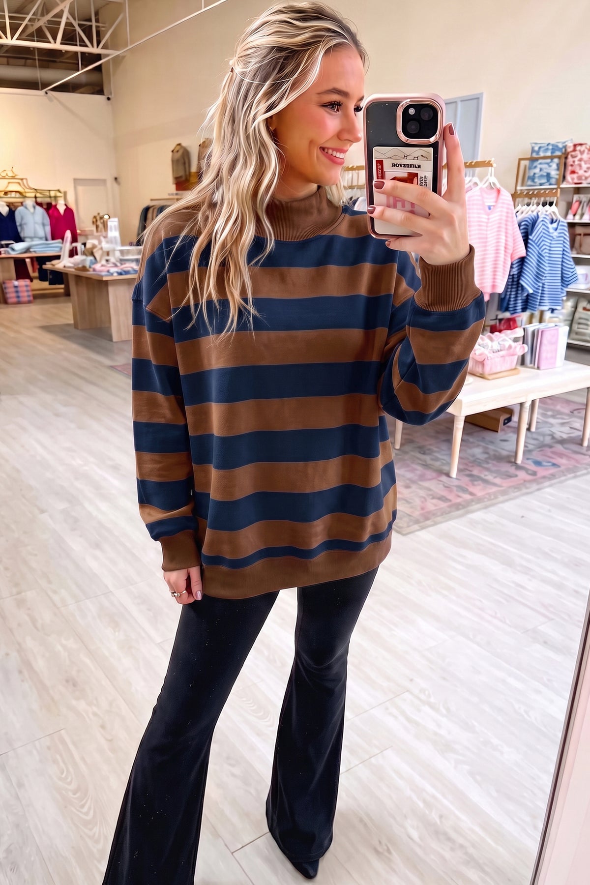 Orange Stripe Colorblock Mock Neck Sweatshirt