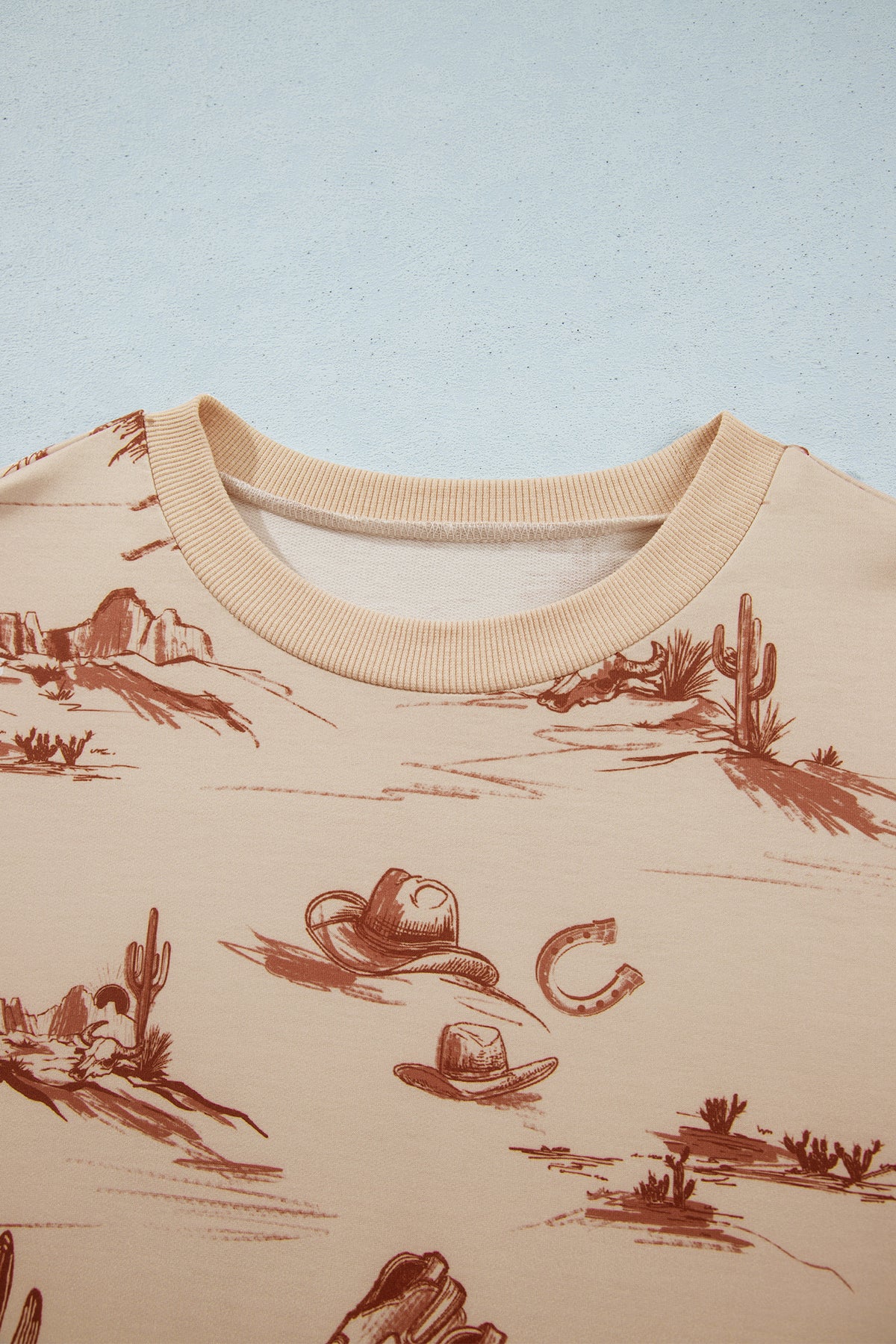 Women's Beige Western Print Loose Fit Long-Sleeve Top Shorts Set
