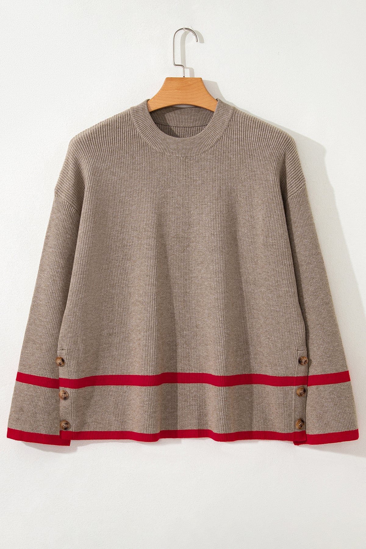 Simply Taupe Ribbed Knit Contrasted Stripe Detail Button Side Sweater
