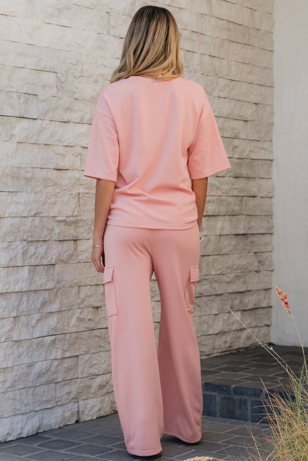 Women's Apricot Pink Half Sleeve T-Shirt & Cargo Sweatpants Set