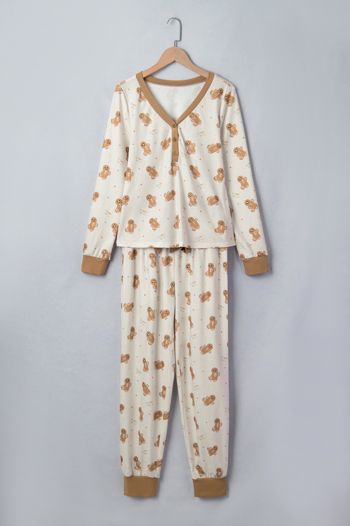 Khaki Abstract Gingerbread Print Colorblock Long Sleeve Lounge Set