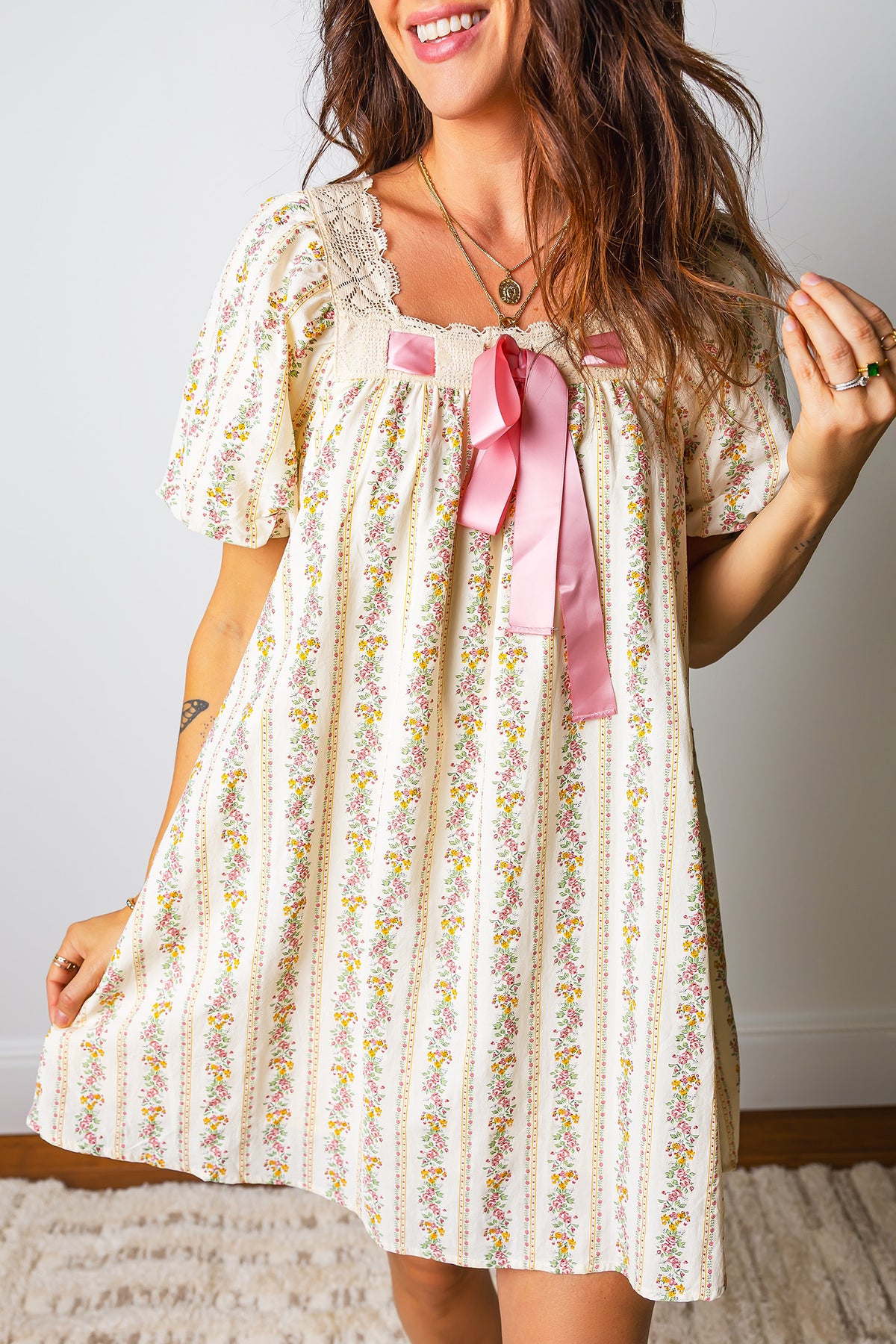 Multicolour Floral Bow Lace Mini Dress