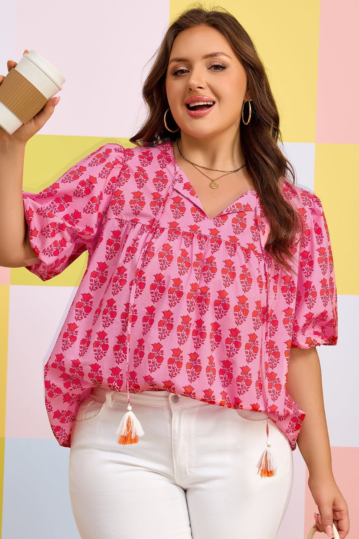 Pink Plus Size Floral Print Tassel Tie Puff-Sleeve Cotton Blouse