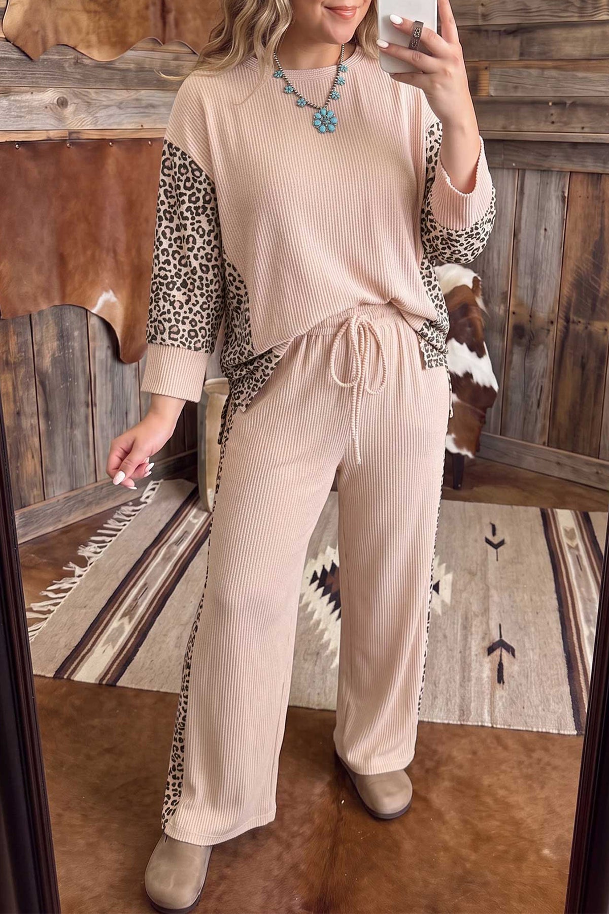 Light French Beige Leopard Print Ribbed Twist Long-Sleeve Top Pants Plus Size Set
