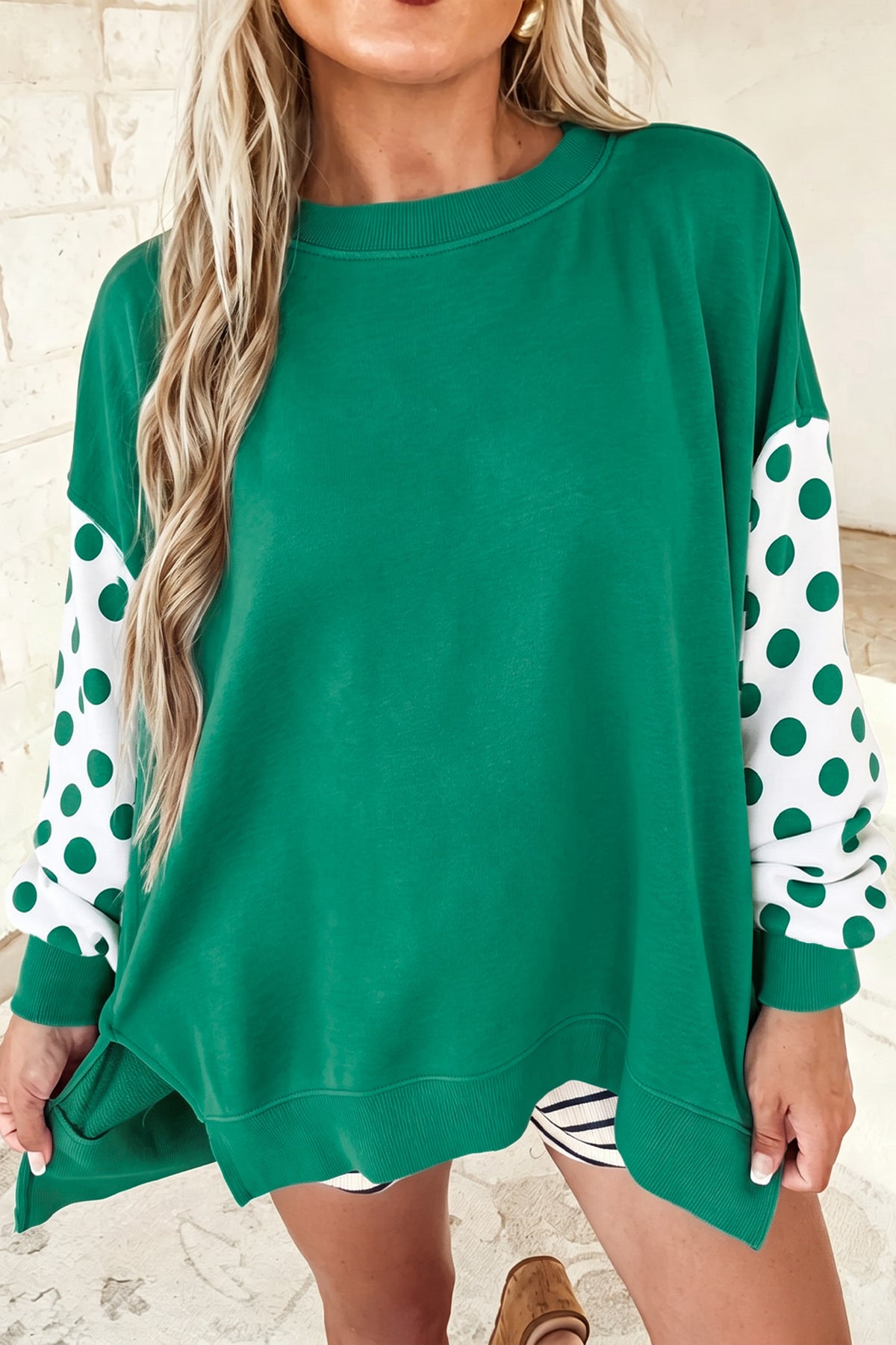 Khaki Polka Dot Patchwork Sleeve Crew Neck Sweatshirt