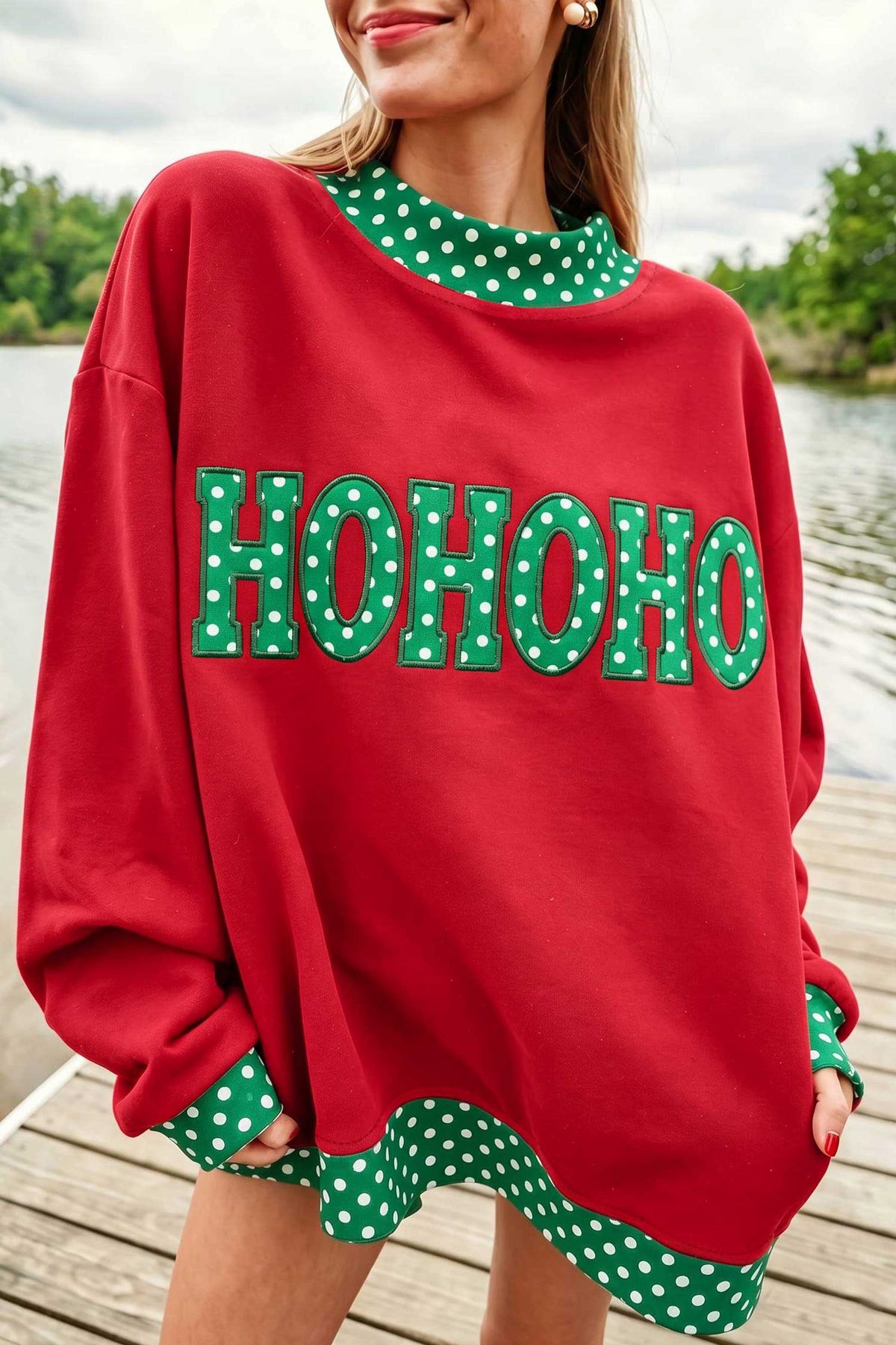 Dirty blue Polka Dot Letter Print Mock Neck Sweatshirt