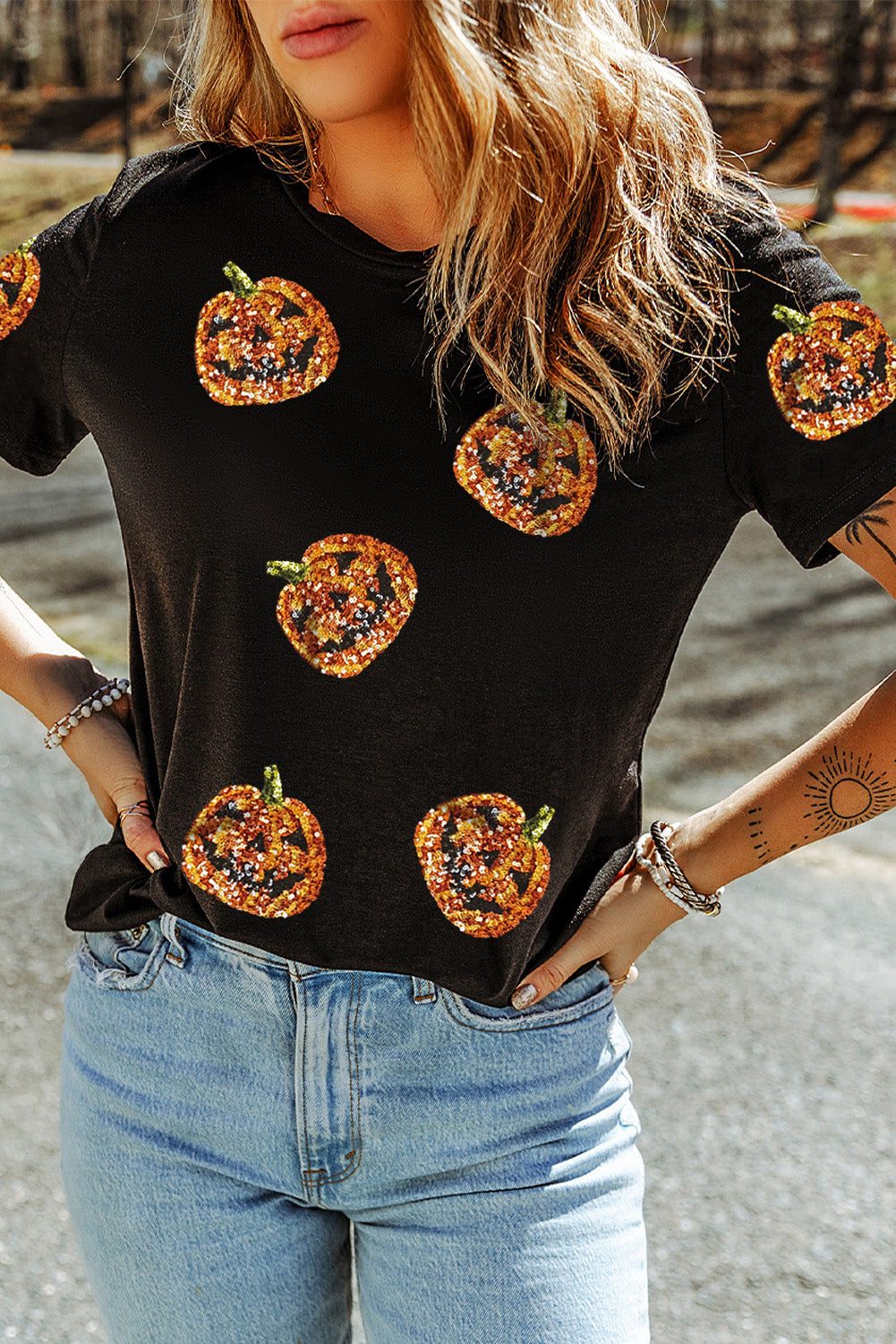 Black Sequin Pumpkin Face Halloween T-Shirt
