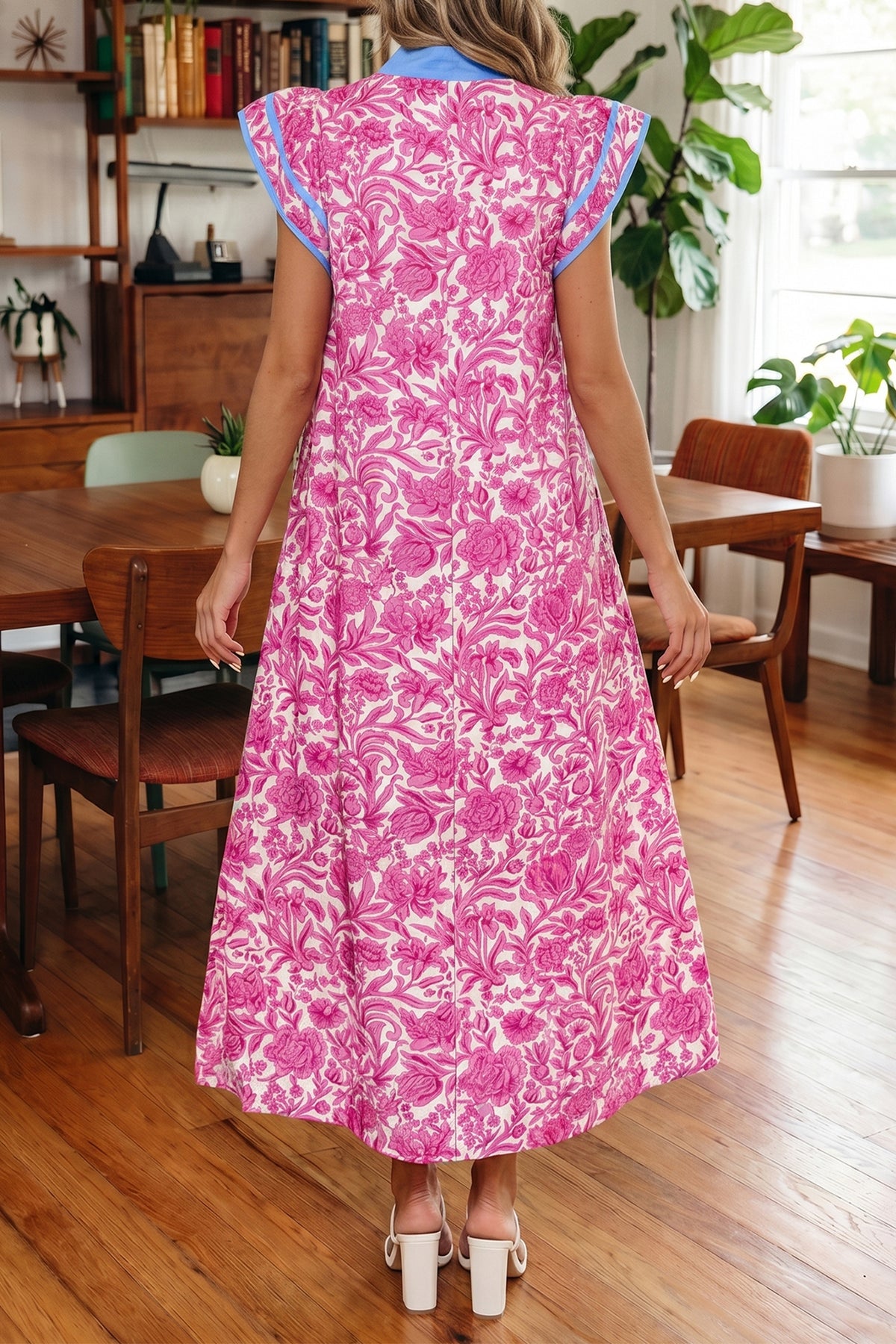 Pink Floral V-Neck Midi Dress