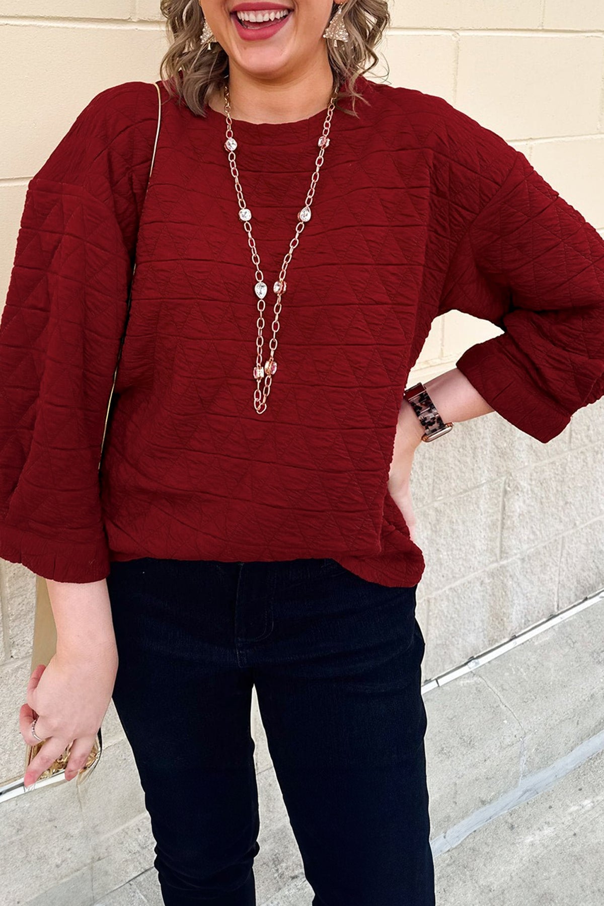 Racing Red Solid Round-Neck Tunic Adjustable Cuffs Shift Plus Size Blouse
