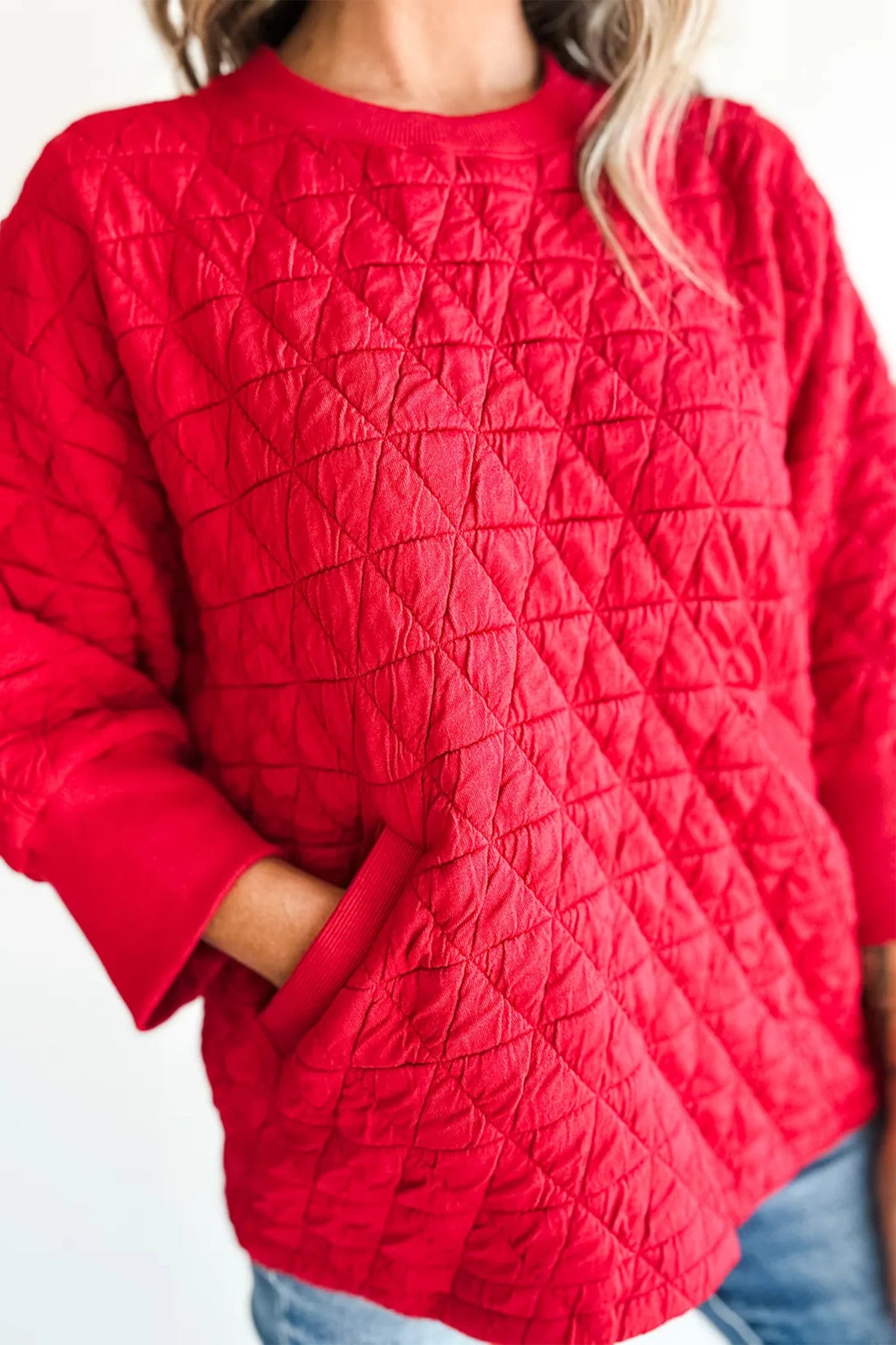 Fiery Red Quilted Diamond 3/4 Sleeve Pocket Top