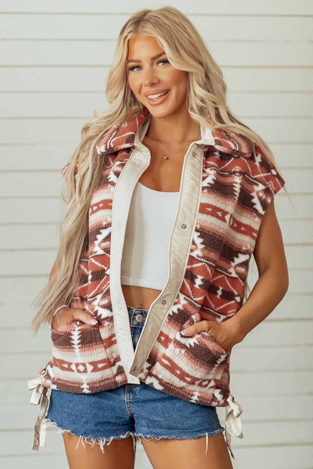 Multicolour Geometric Print Fleece Metal Button Placket Vest