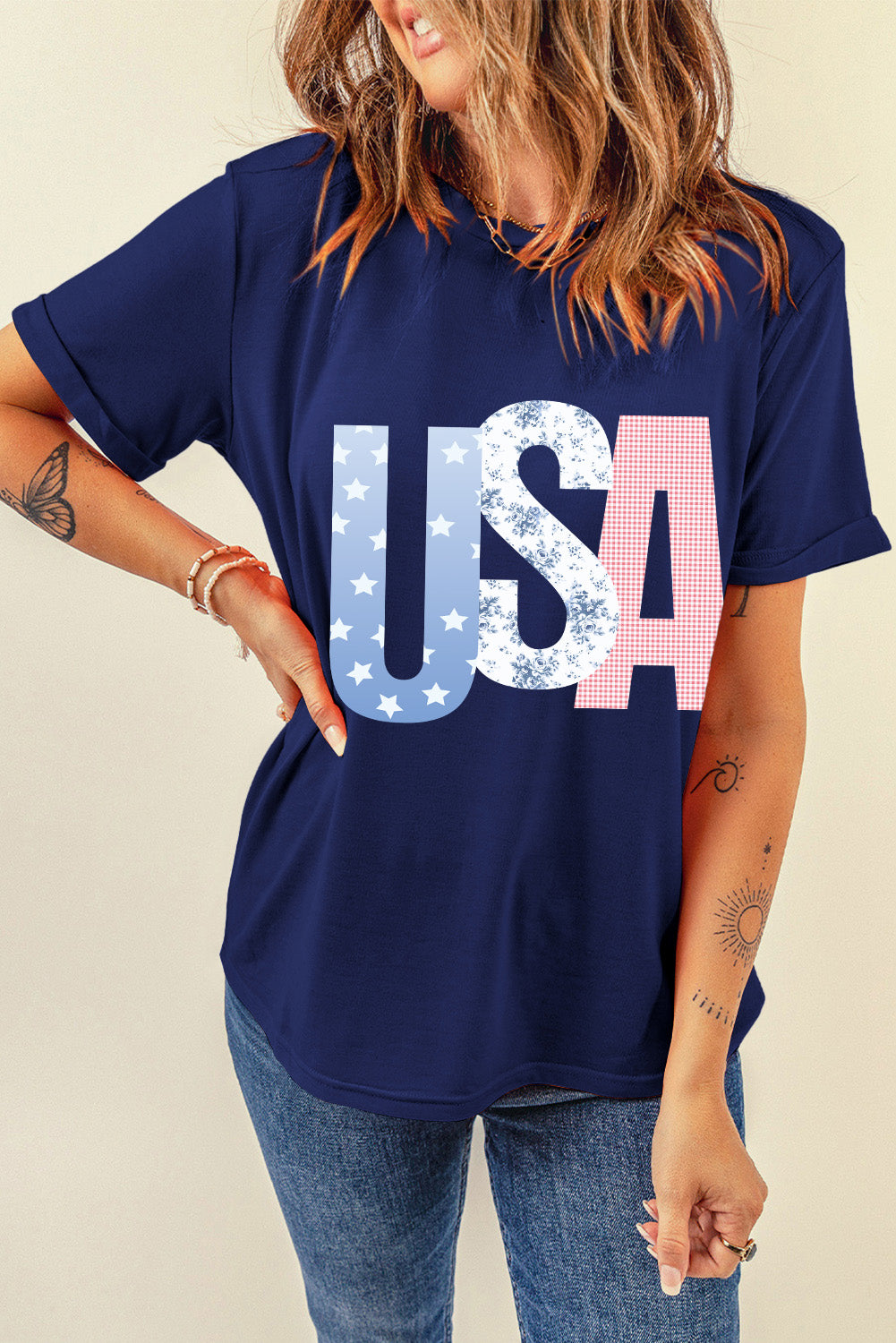 Blue USA Graphic July 4th Crew Neck T-Shirt