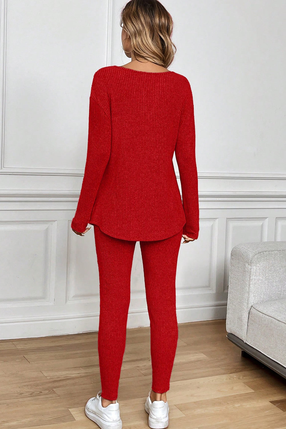 Racing Red Ribbed Notched Neck Knit Top and Leggings Lounge Set