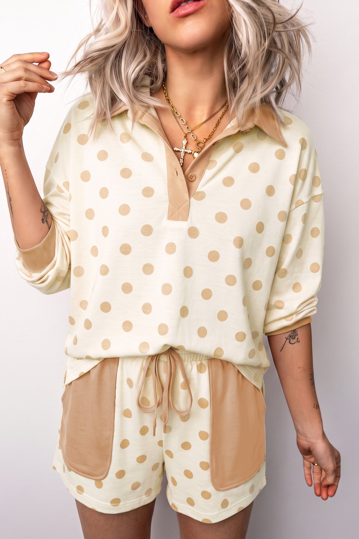 Women's Sky Blue Polka Dot Drop Shoulder Polo Loose Pullover Patch Pocket Casual Shorts Set