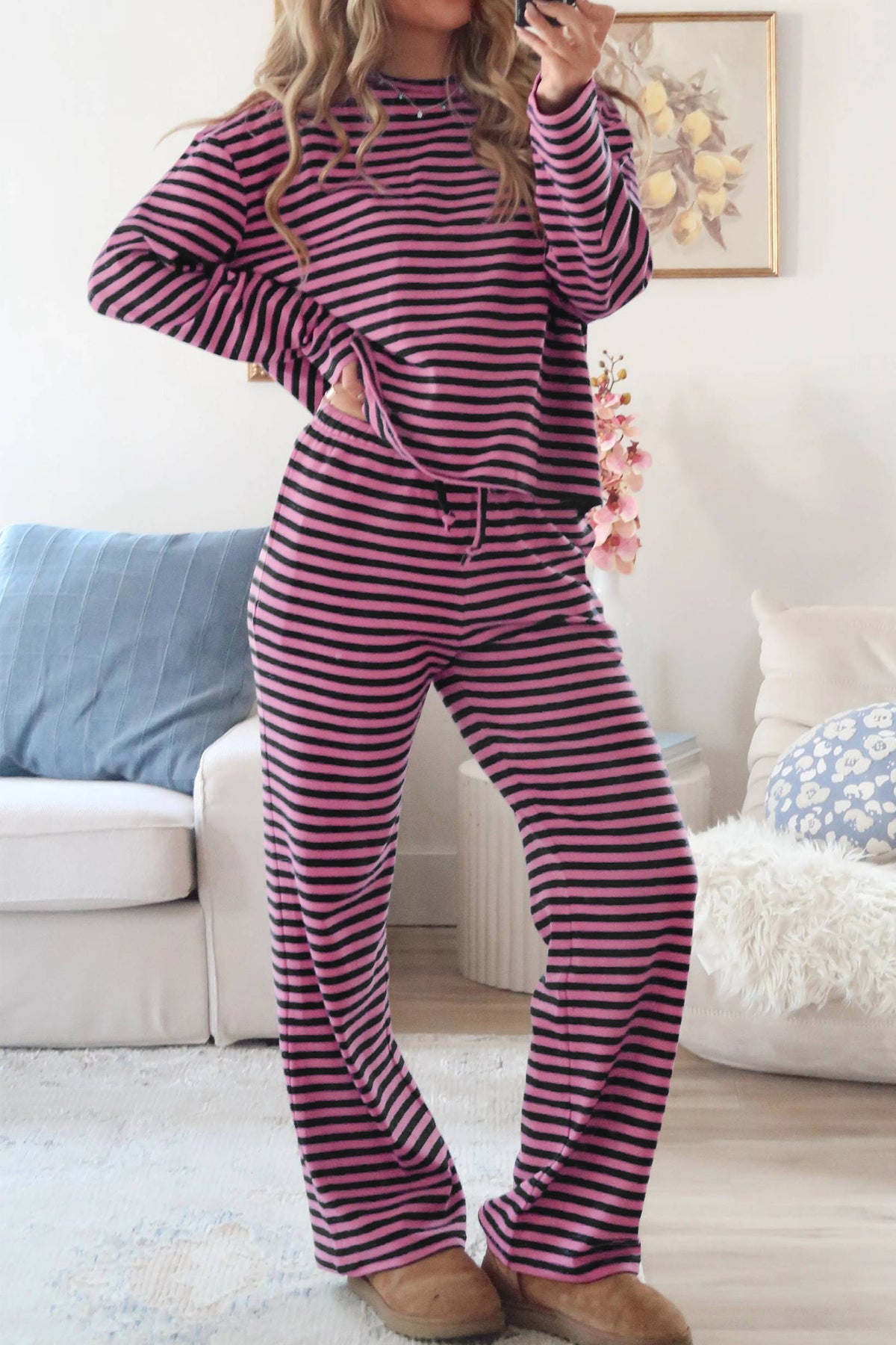 Women's Pink Stripe Casual Long-Sleeve Top Drawstring Pants Set