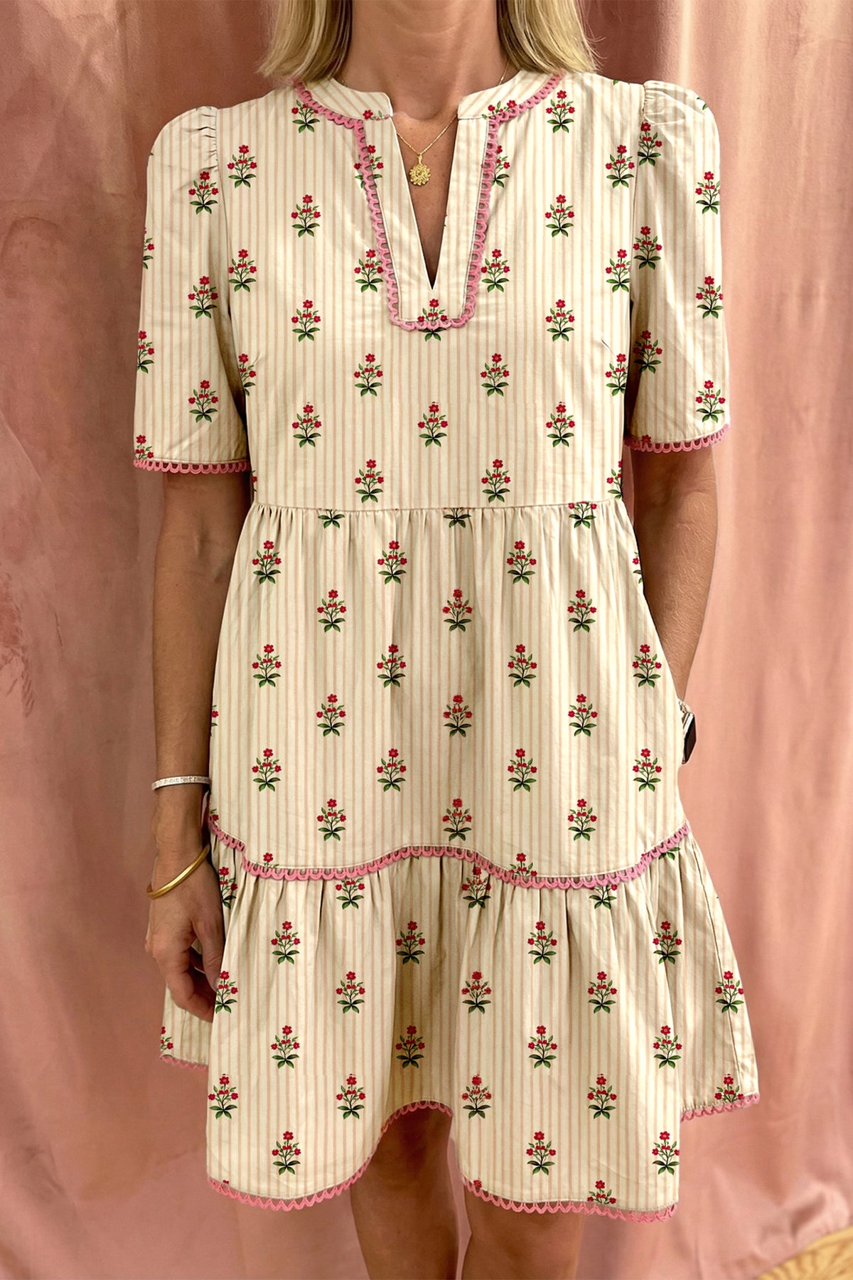 Apricot Striped Floral Print Contrast Detail Ruffle Hem Short Dress