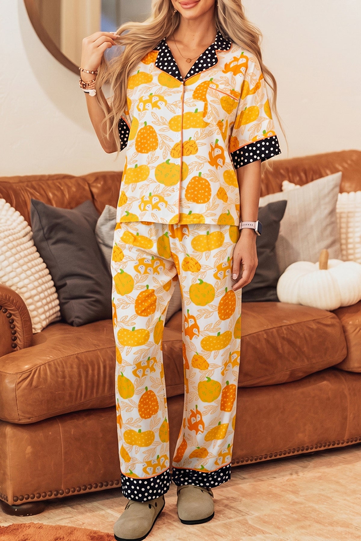 Orange Pumpkin Print Polka Dot Trim Short Sleeve Lounge Set
