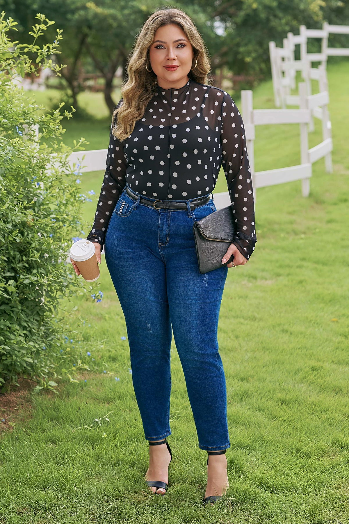 Black Plus Size Mock Neck Polka Dot Long-Sleeve Mesh Top