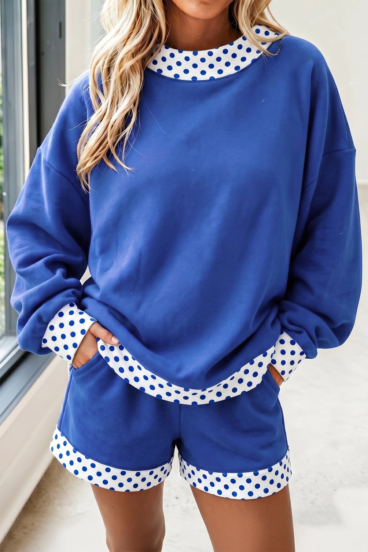 Women's Navy Blue Polka Dot Trim Baggy Pullover Two-Piece Shorts Set