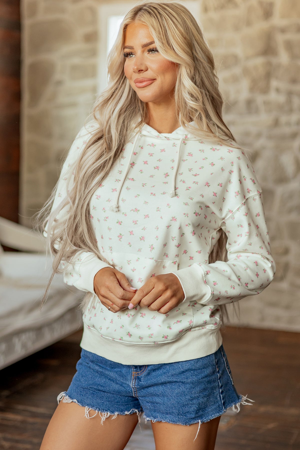 White Floral Print Ribbing Drawstring Hem Hoodie