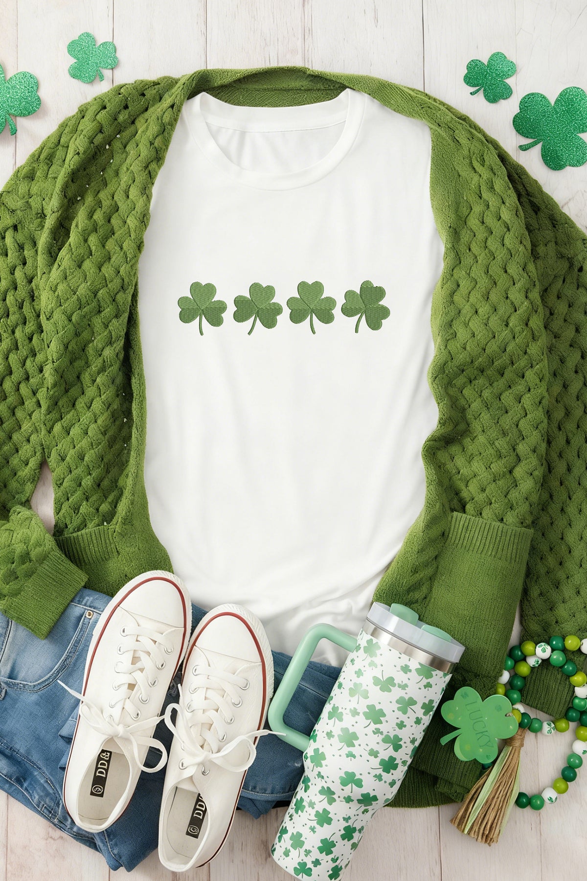White Embroidered Clover St Patricks Fashion Graphic Tee