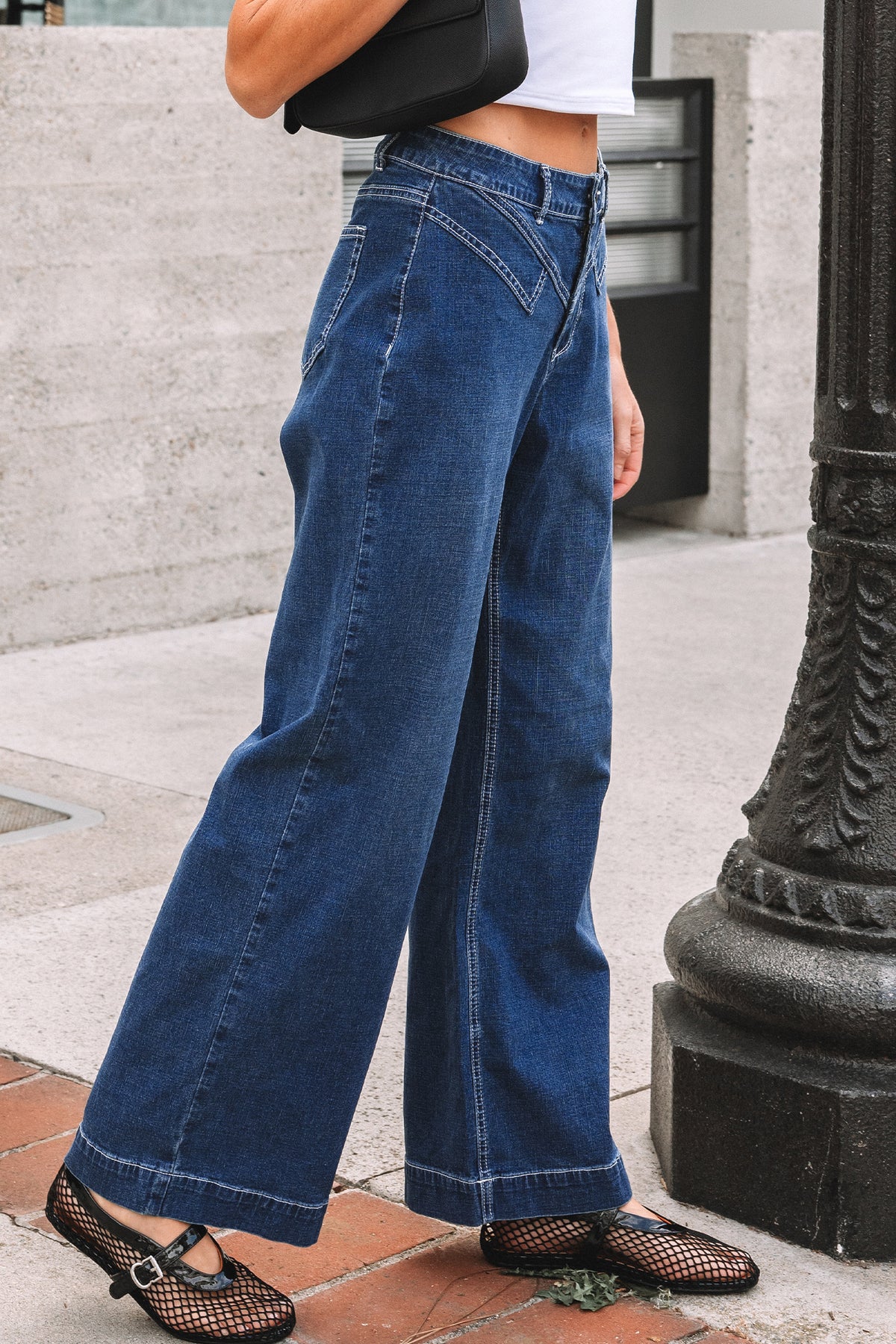 Sail Blue Stitched Waist Loose Cuffed Jeans