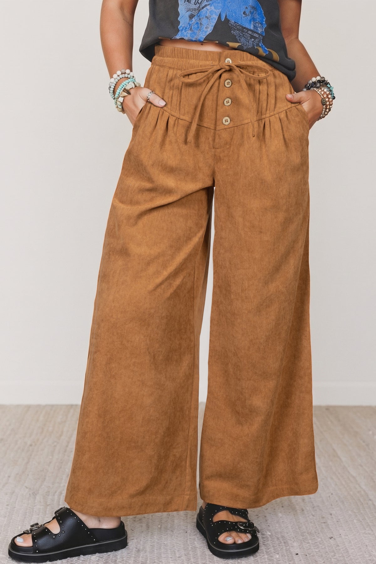 Thai Curry Elastic Waist Wooden Button Placket Ankle Length Wide Pants