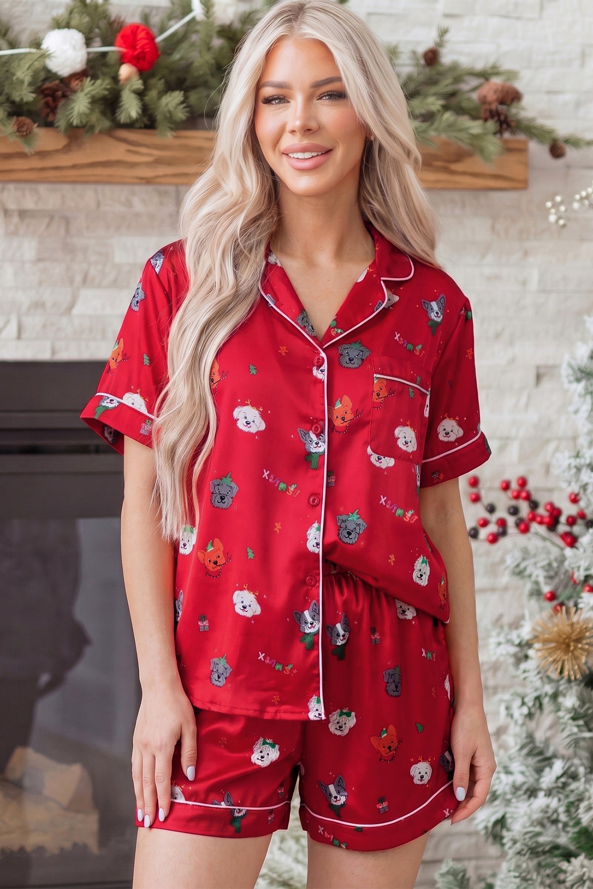 Racing Red Festive Dog Print Short Sleeve Lounge Set
