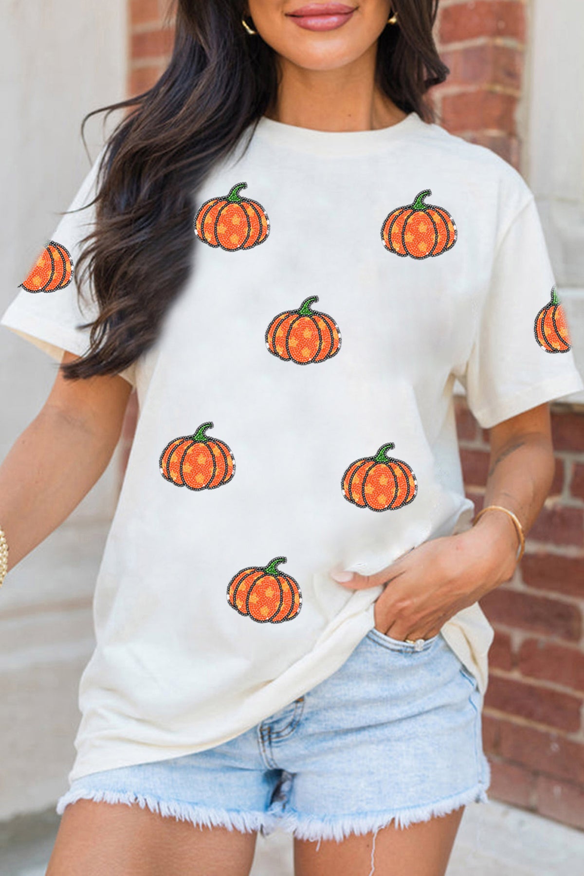 White Sequined Star Pumpkin Graphic Casual Round Neck T-Shirt