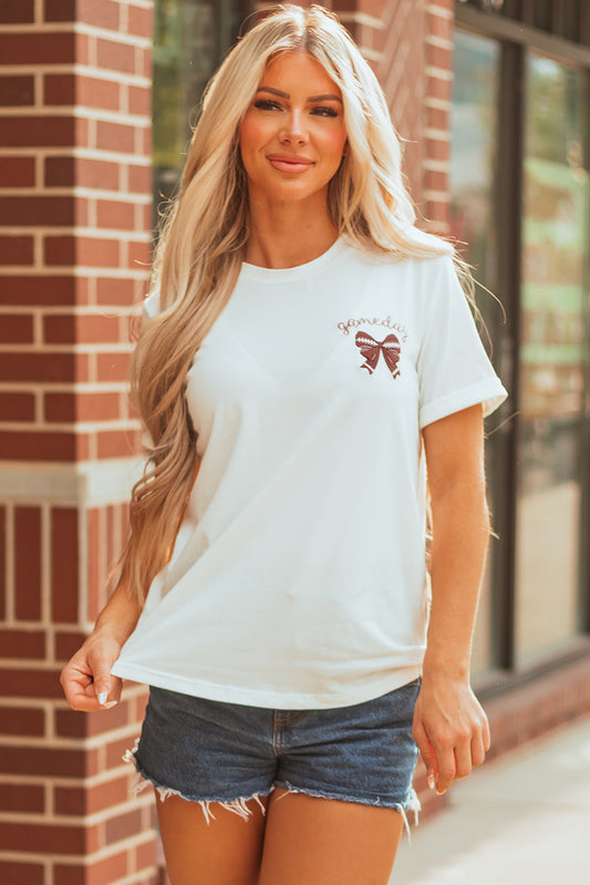 White Game Day Bowknot Embroidered Graphic Casual Tee