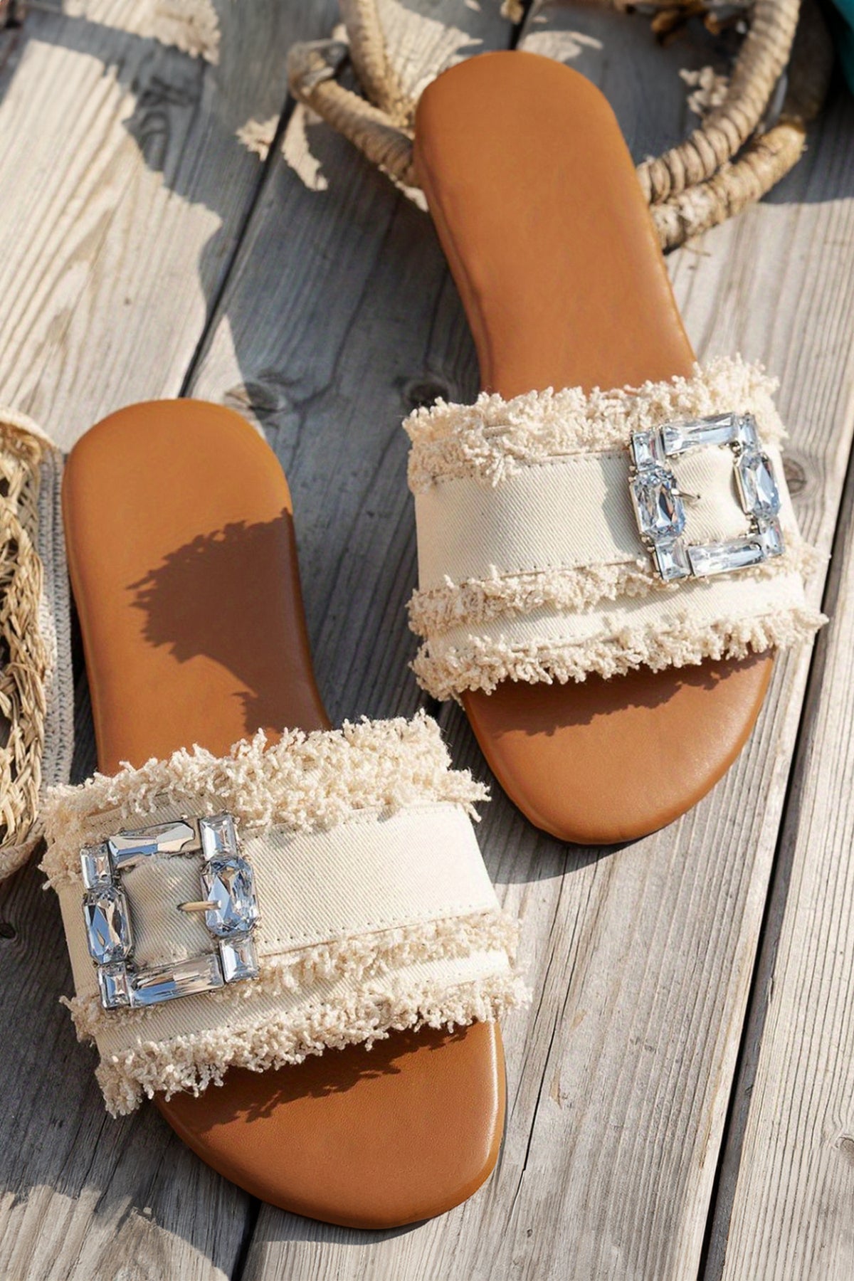 White Frayed Wide Band Rhinestone Buckle Slippers