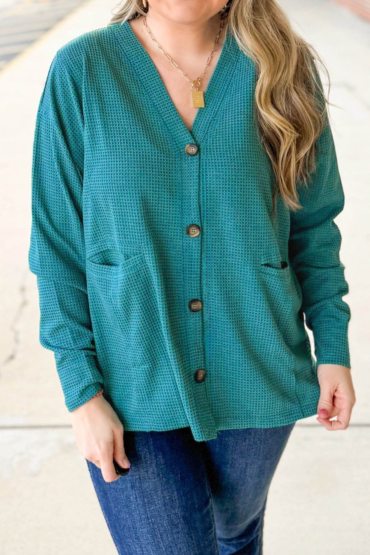 Lapis V-Neck Waffle Textured Button Front Tunic Long-Sleeve Plus Size Cardigan
