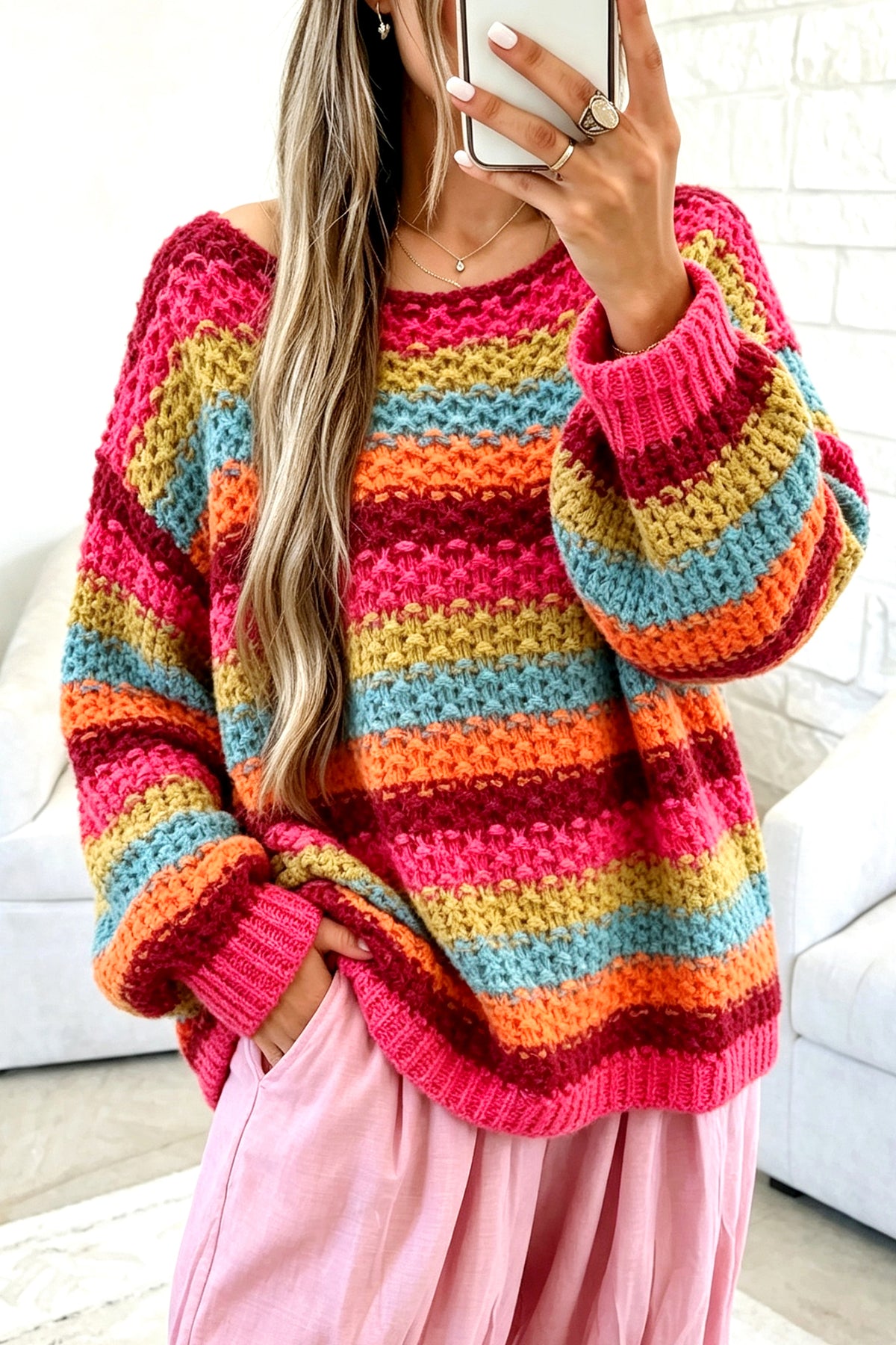 Rose Red Crochet Stripe Knit Oversized Sweater