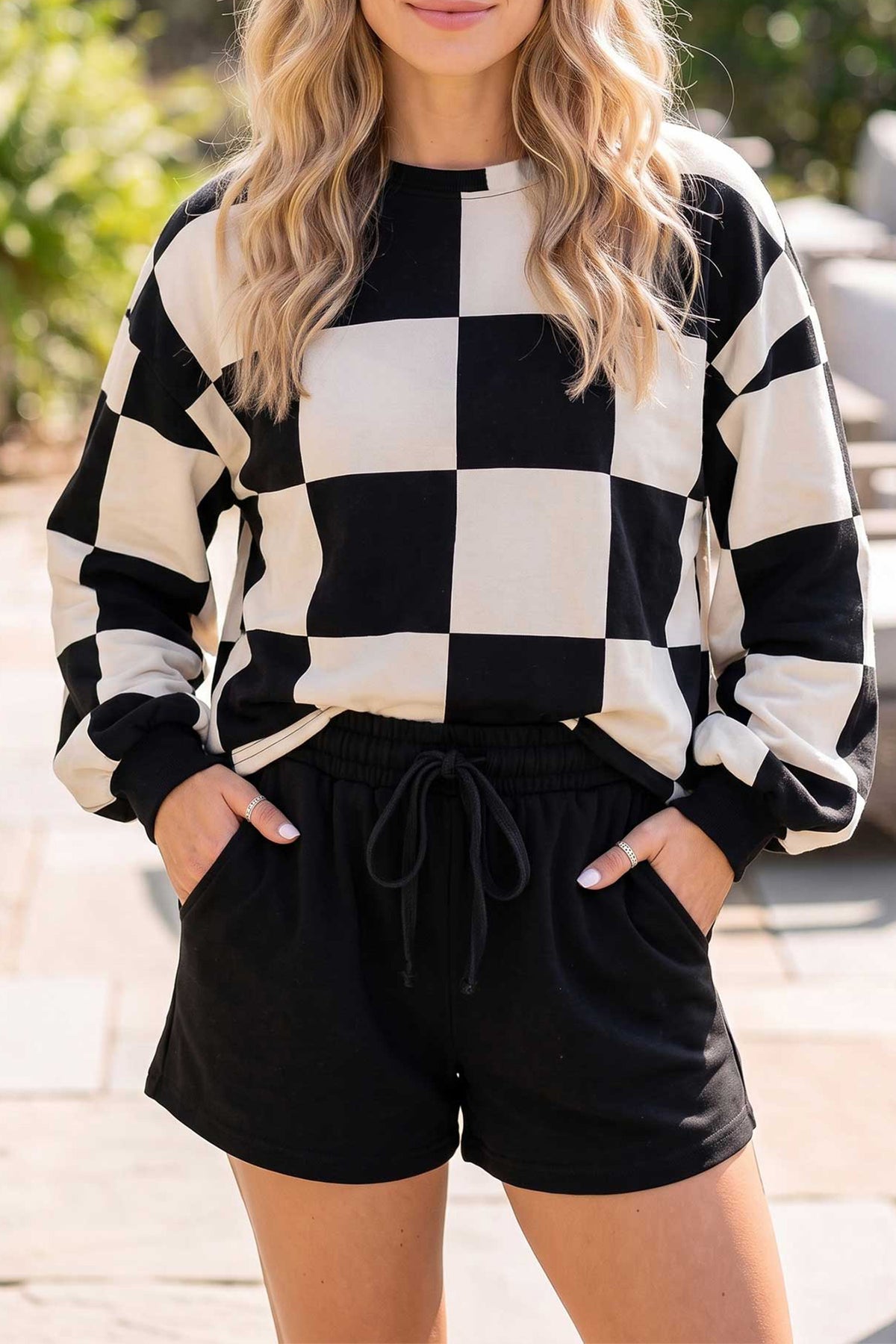 Women's Black Checkerboard Plaid Long-Sleeve Shorts Two-Piece Set