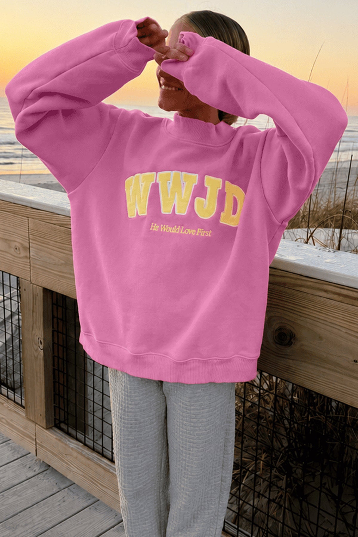 Pink WWJD Embroidered Crewneck Sweatshirt