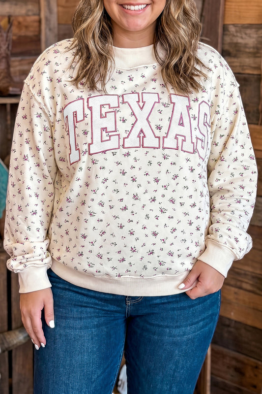 Apricot Floral Print Texas Ribbed Neck Tunic Sweatshirt