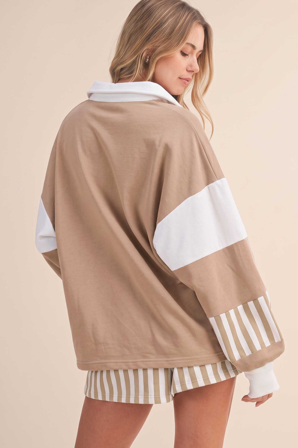 Women's Black Striped Color Block Pullover Top Drawstring Shorts Set