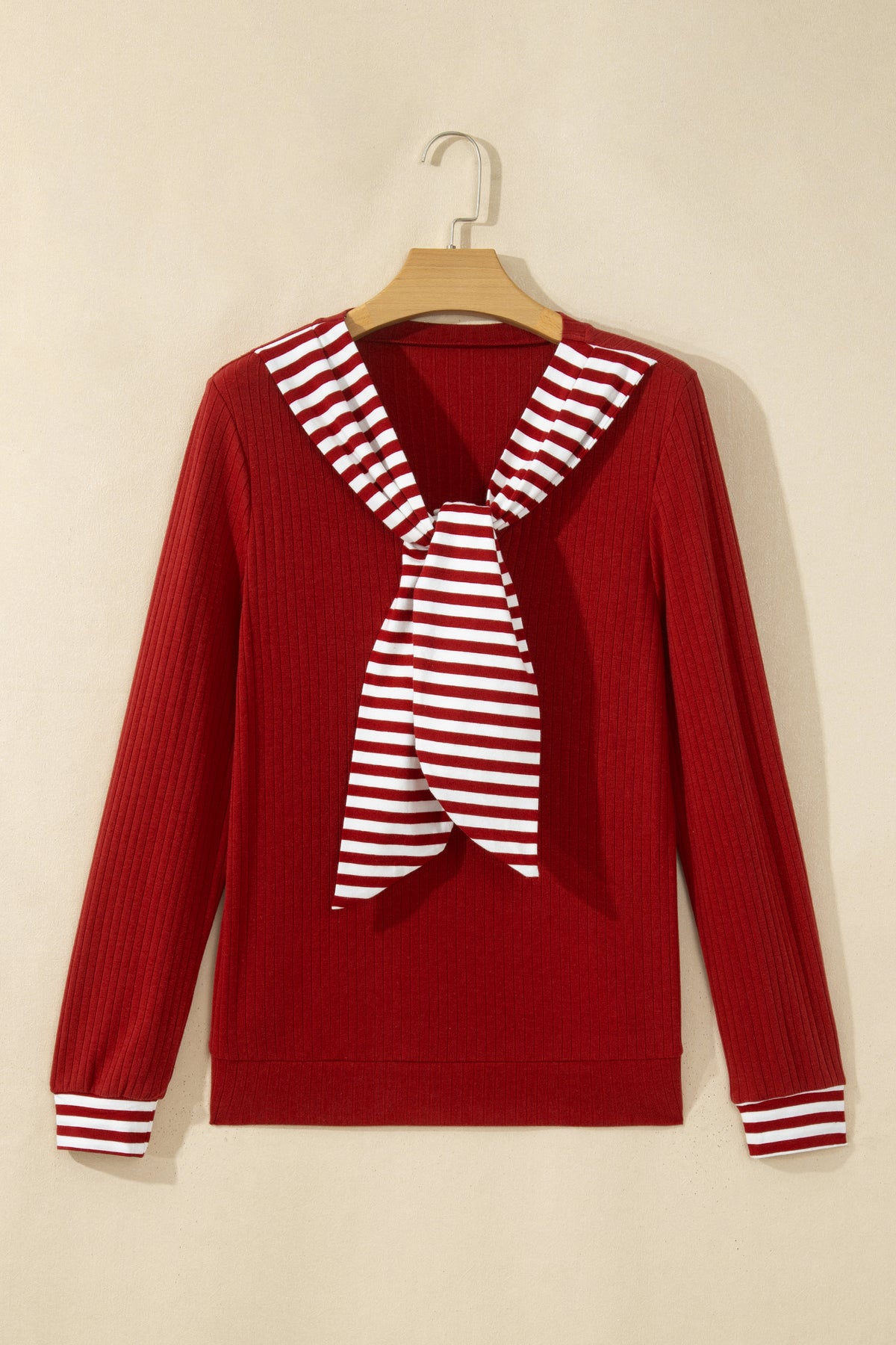 Red Dahlia Striped Tie Collar Long Sleeve Top