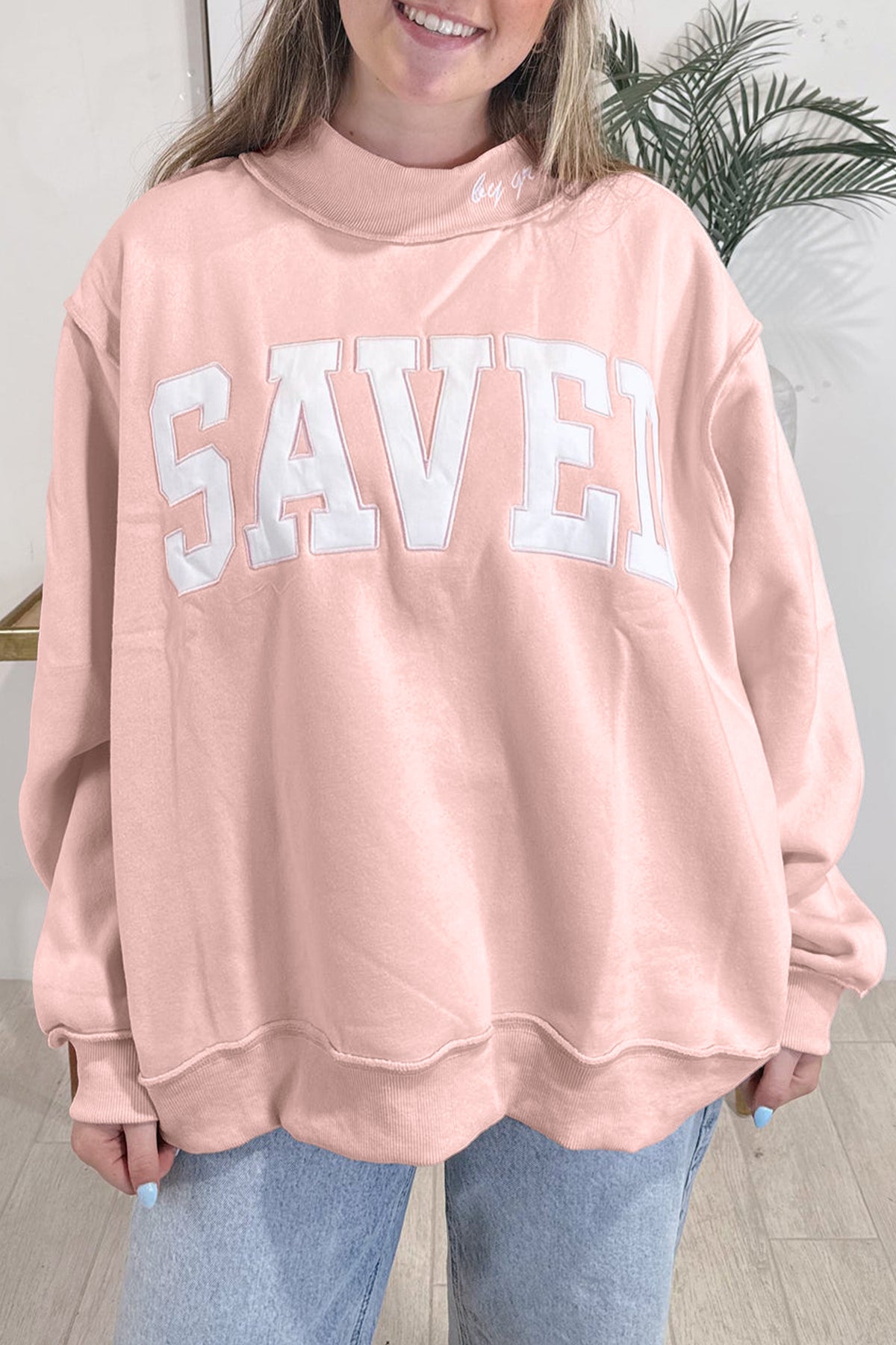 Pink Saved By Grace Embroidered High Neck Sweatshirt