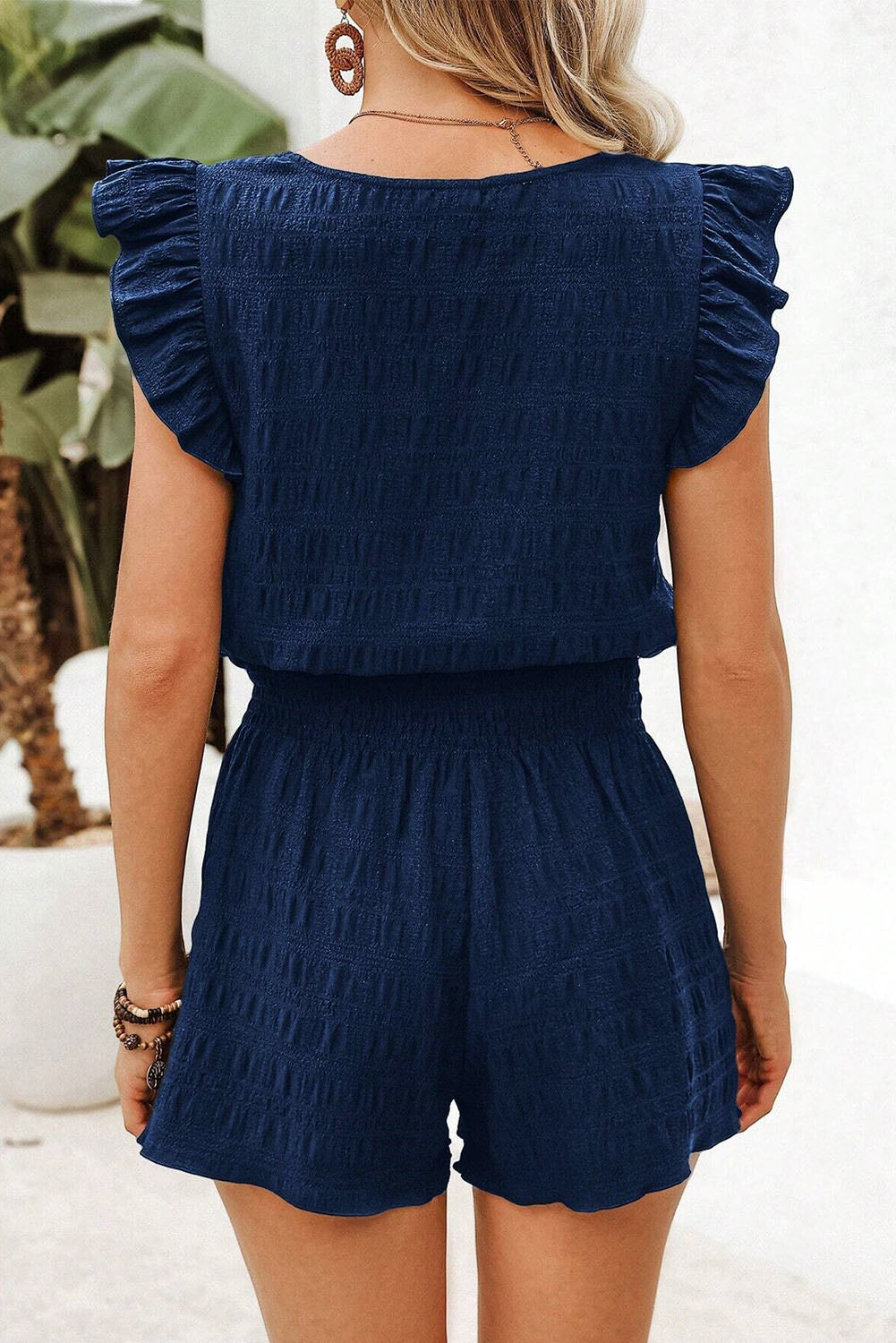 Women's Dark Green Textured Square Neck Top and Shirred High-Waist Shorts Set