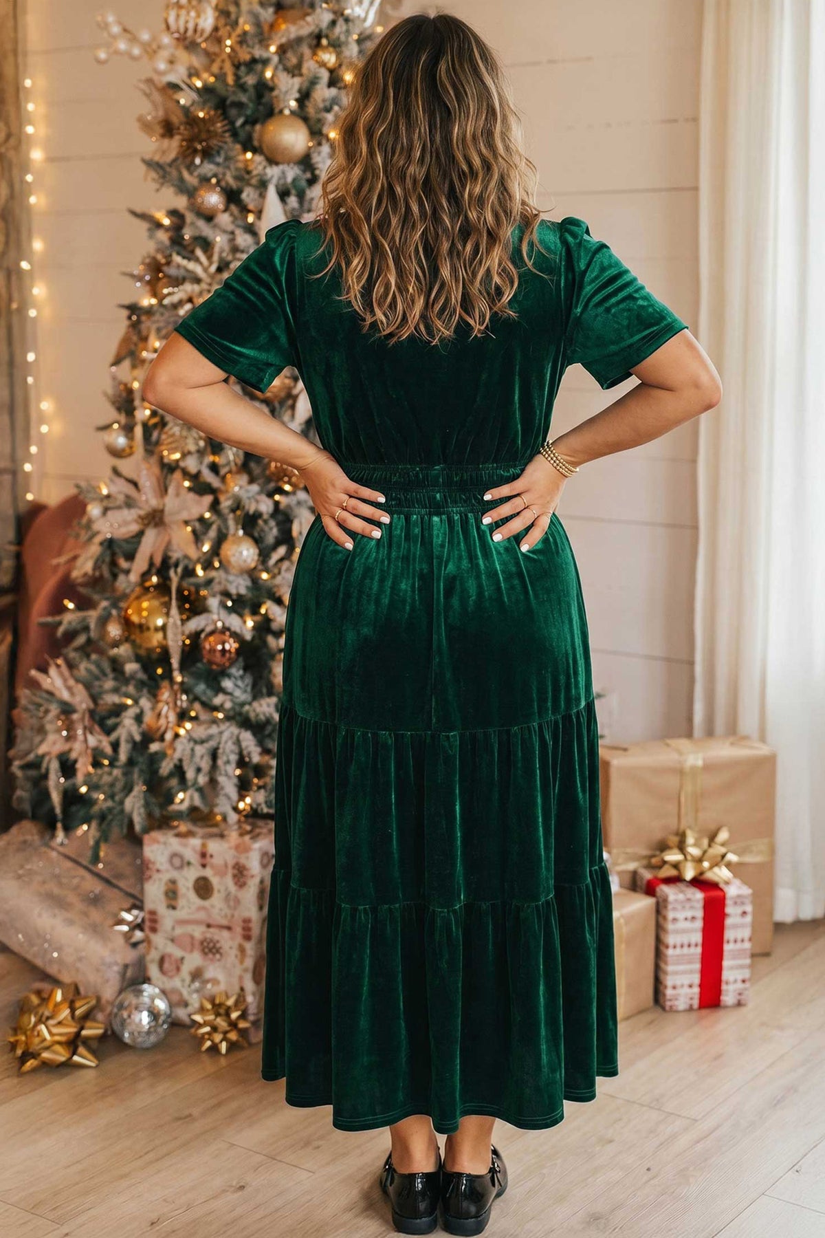 Blackish Green Velvet Shirred Waist Tiered Plus Size Dress