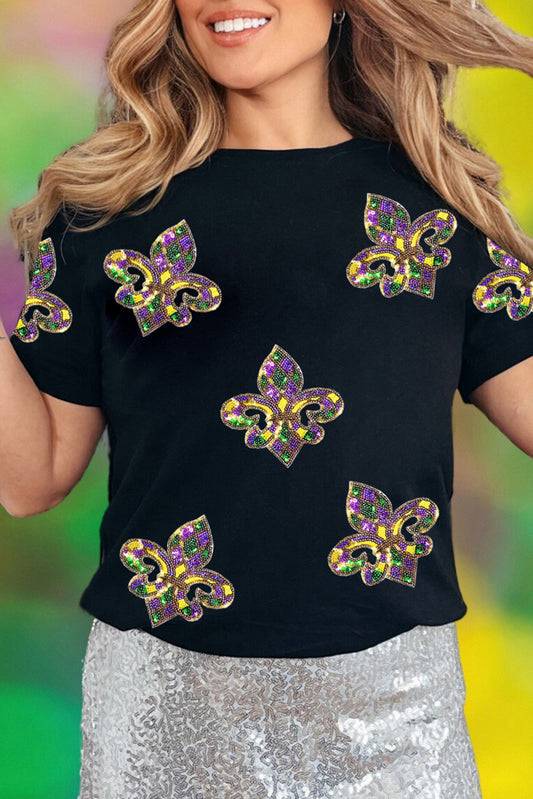 Black Maid Gras Sequin Fleur de Lis Graphic T-Shirt