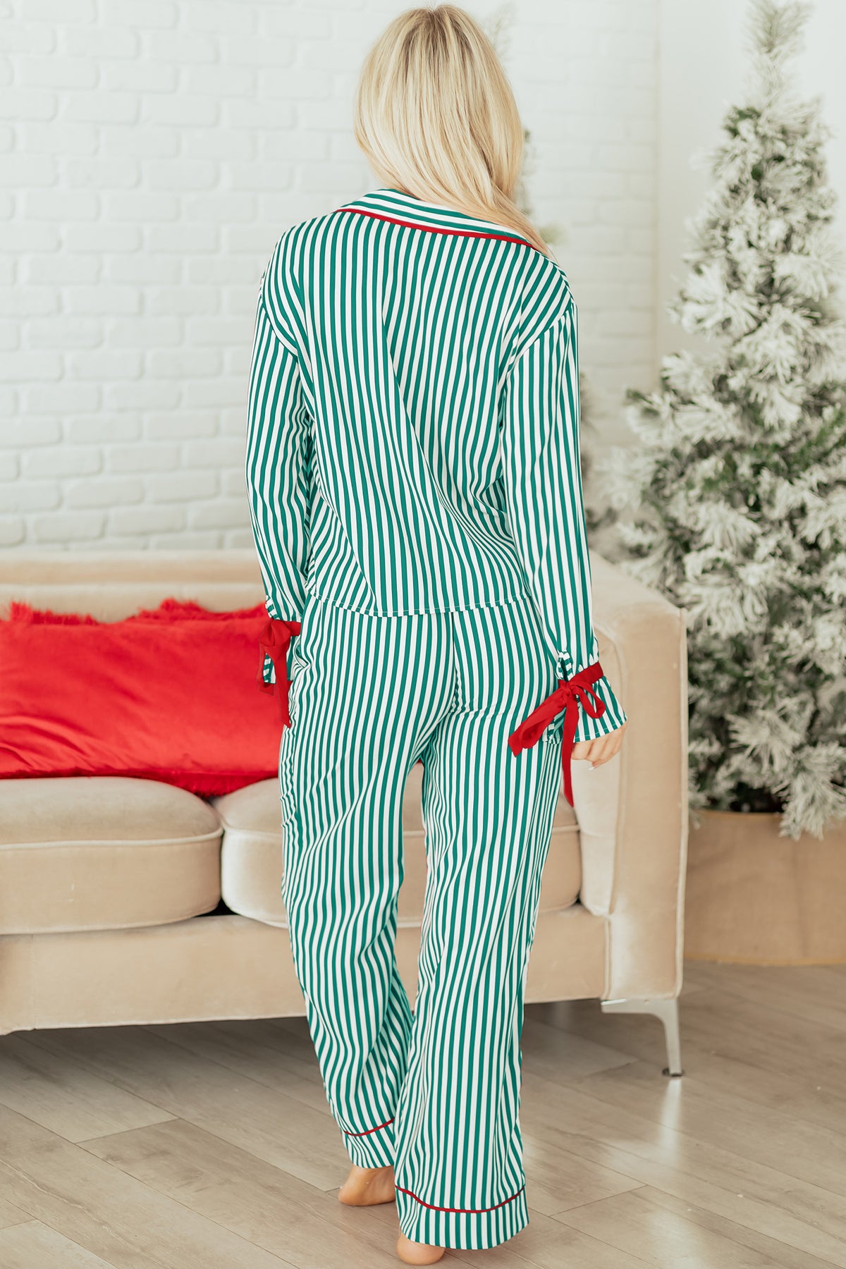 Red Stripe Contrast Velvet Trim Bow Knot Waist Pajama Set
